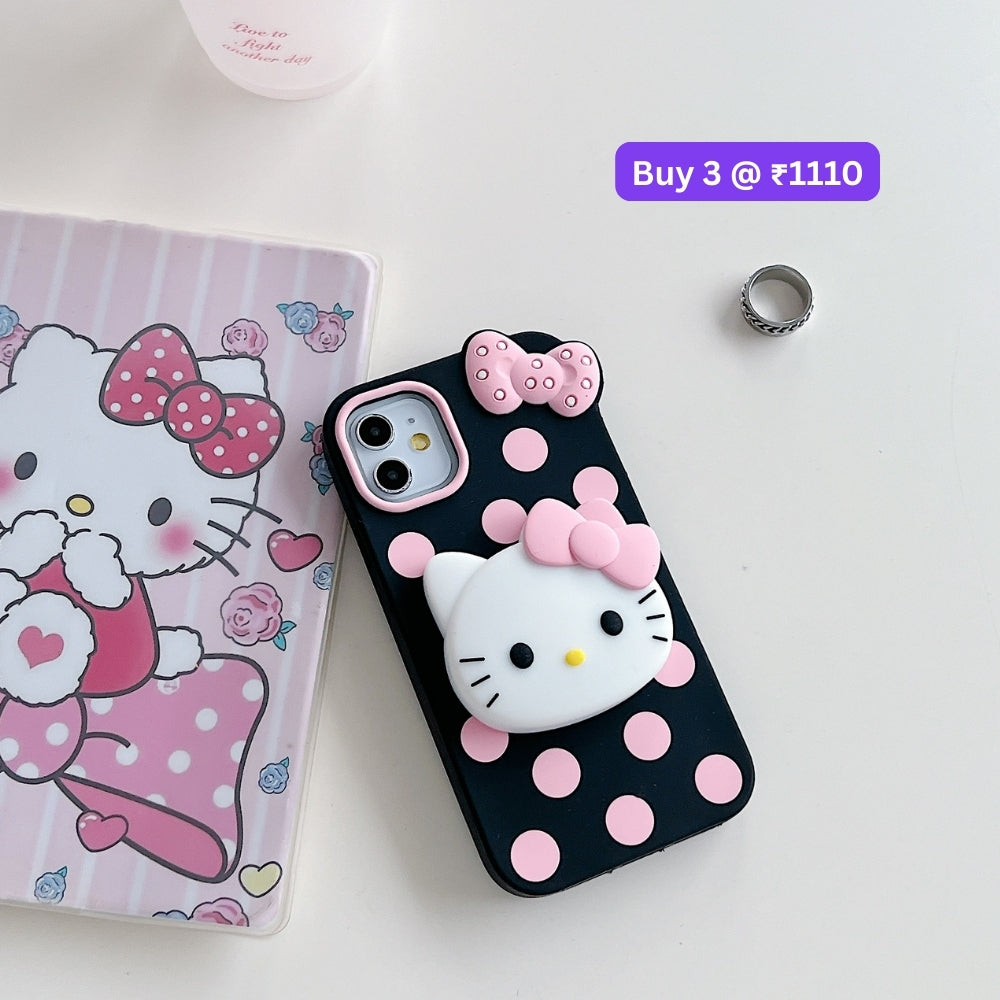 Polka Dot Bow Kitty Stand Silicone Phone Case | Mobile Cover - iPhone 15