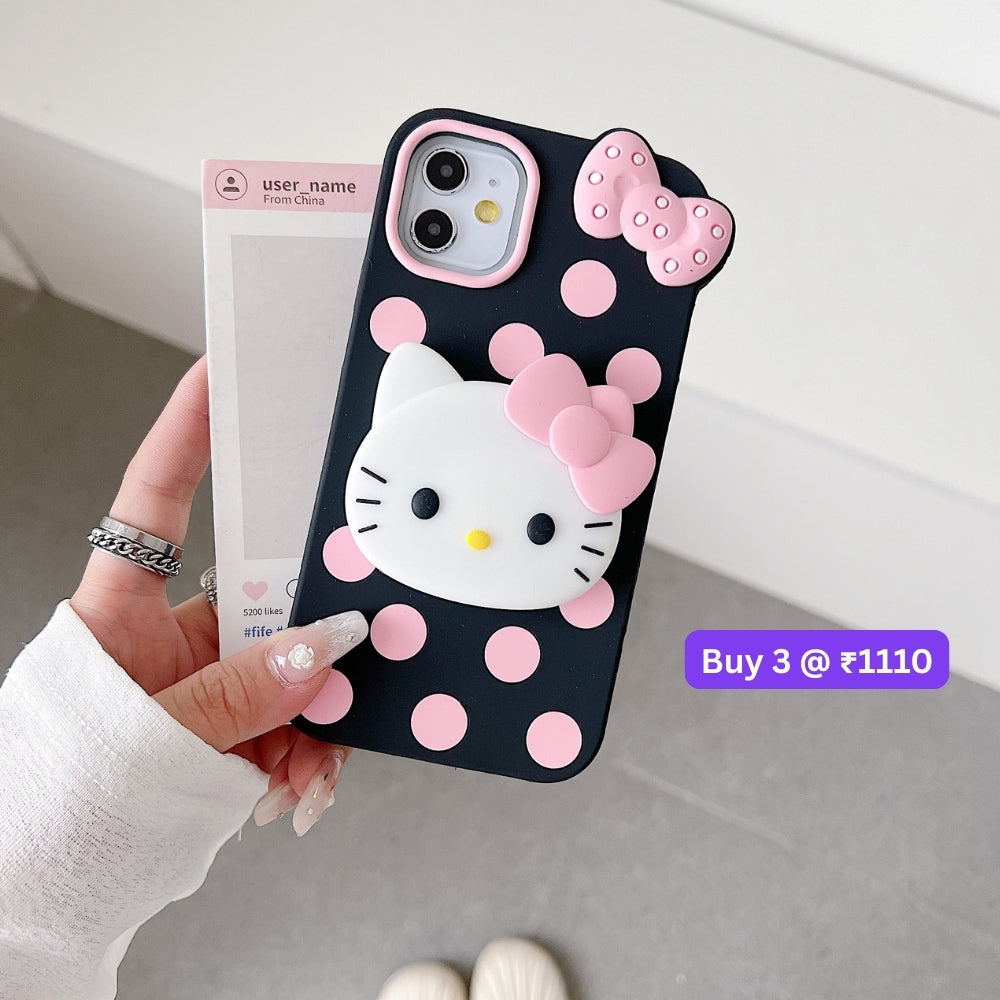 Polka Dot Bow Kitty Stand Silicone Phone Case | Mobile Cover - iPhone 15