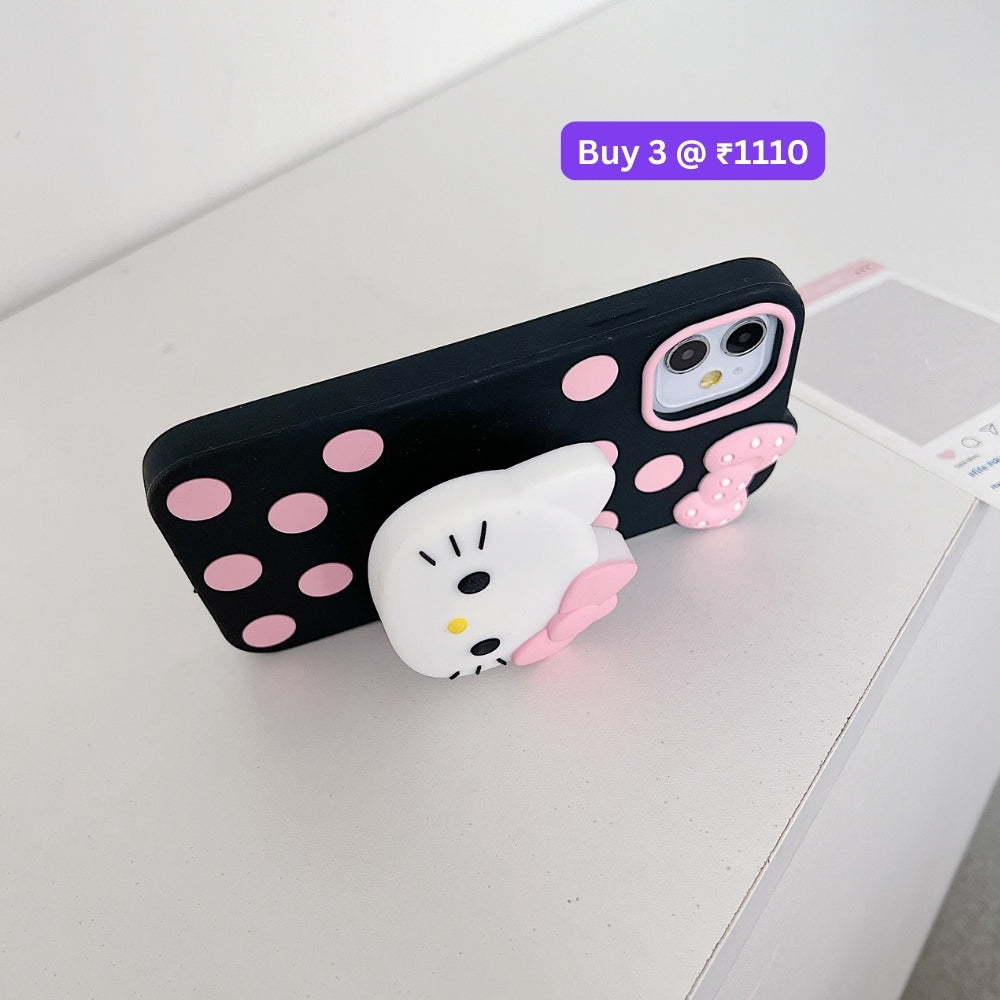 Polka Dot Bow Kitty Stand Silicone Phone Case | Mobile Cover - iPhone 15
