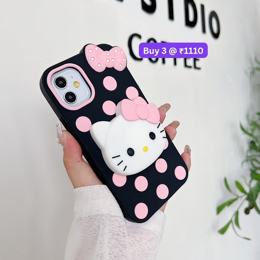 Polka Dot Bow Kitty Stand Silicone Phone Case | Mobile Cover - iPhone 15