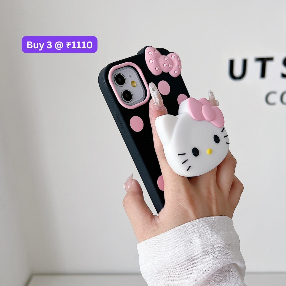 Polka Dot Bow Kitty Stand Silicone Phone Case | Mobile Cover - iPhone 15