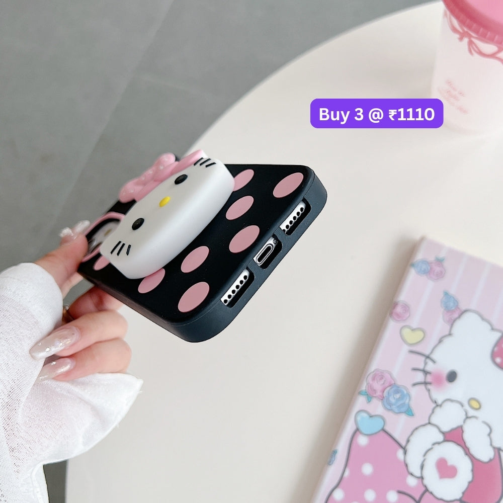 Polka Dot Bow Kitty Stand Silicone Phone Case | Mobile Cover - iPhone 15