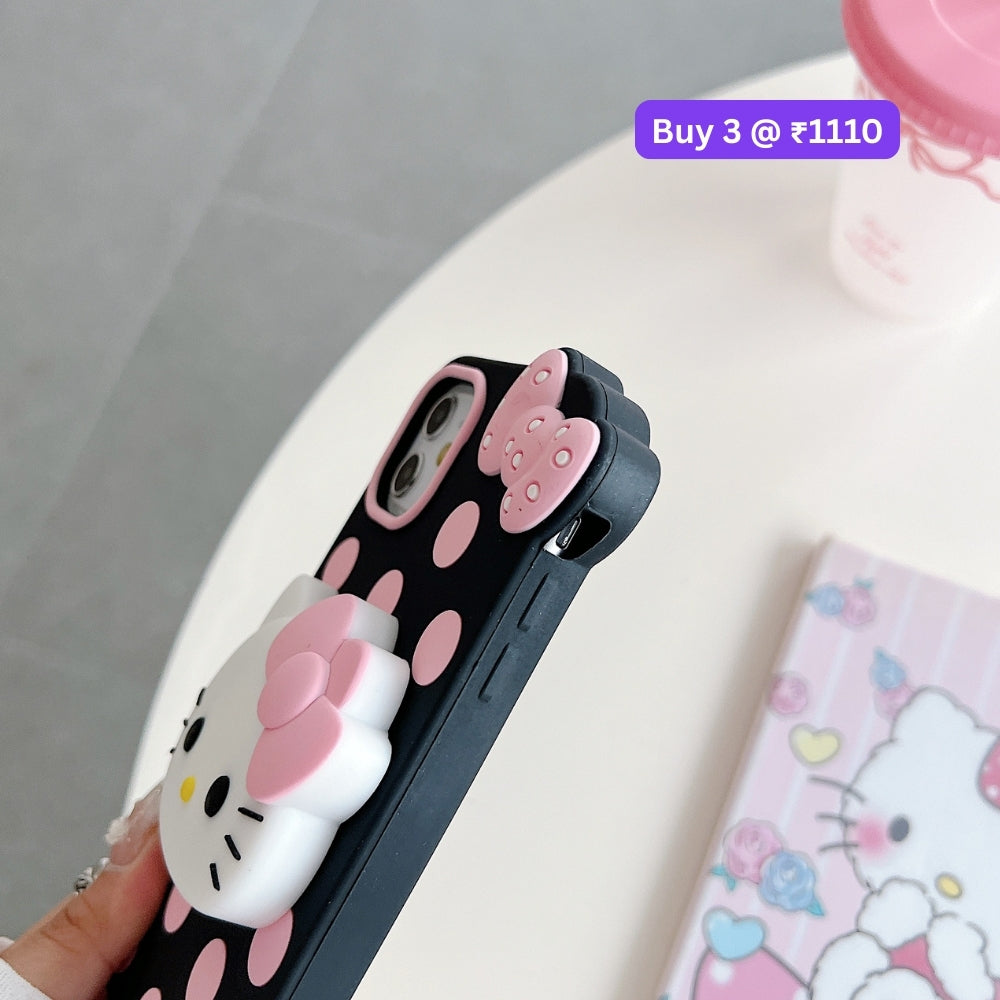 Polka Dot Bow Kitty Stand Silicone Phone Case | Mobile Cover - iPhone 15