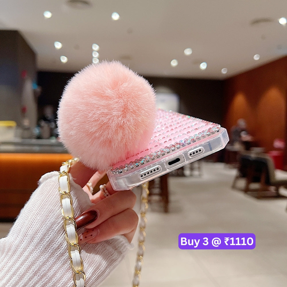 Rehinestone Perfume Bottle Phone Case with Pom Pom Charm and Sling - iPhone 16