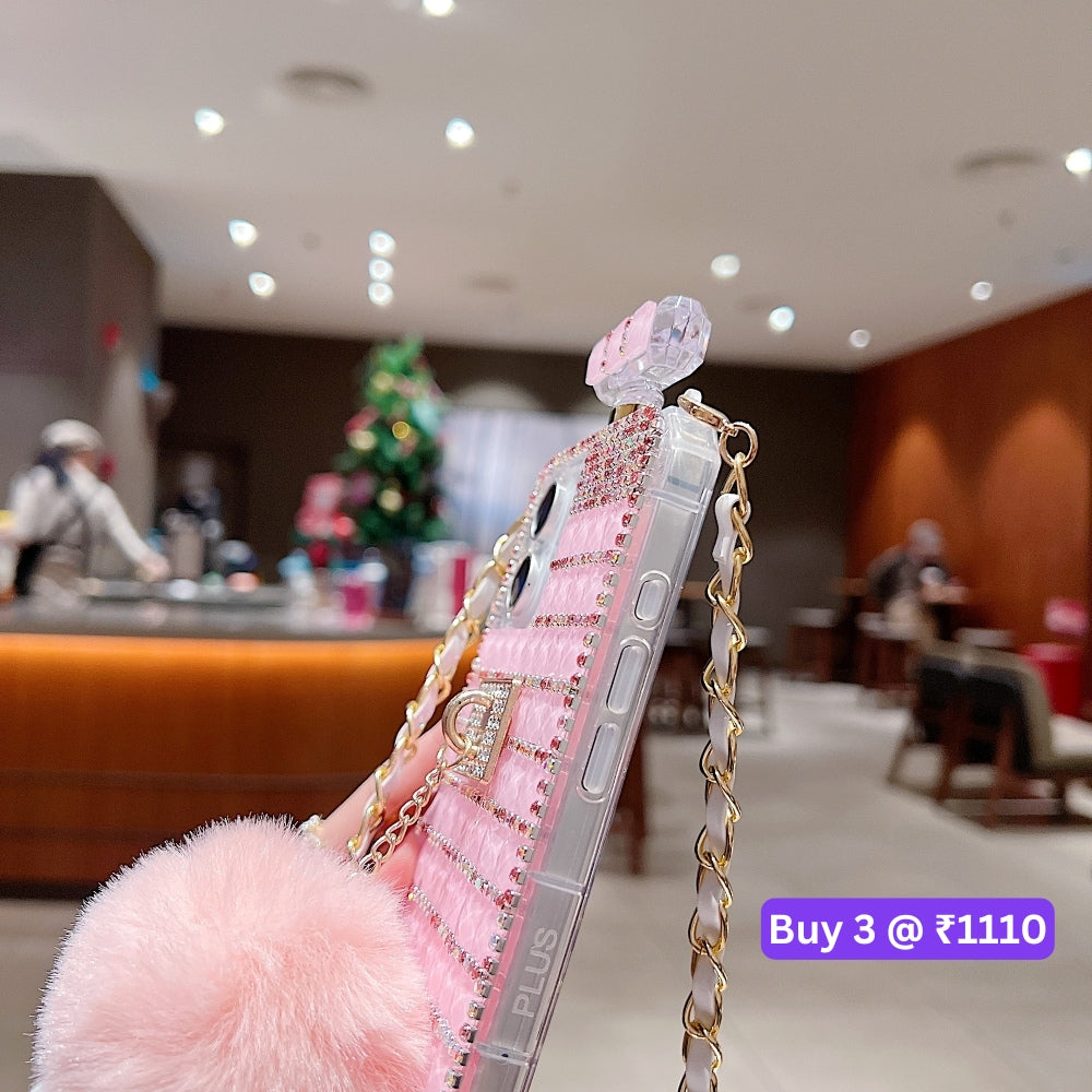 Rehinestone Perfume Bottle Phone Case with Pom Pom Charm and Sling - iPhone 16 Plus