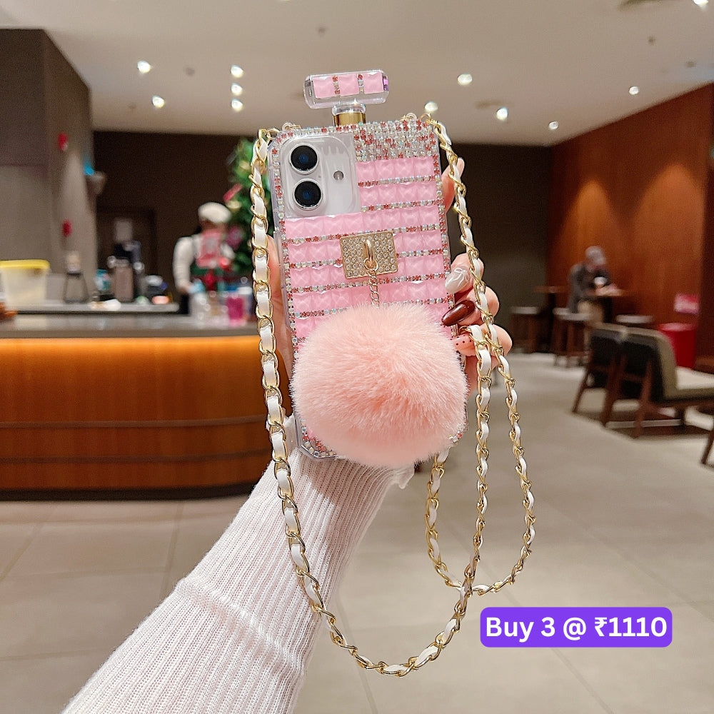 Rehinestone Perfume Bottle Phone Case with Pom Pom Charm and Sling - iPhone 16