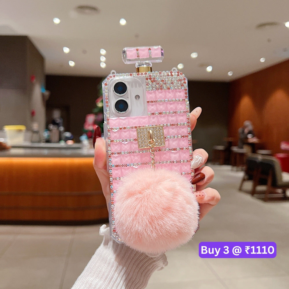 Rehinestone Perfume Bottle Phone Case with Pom Pom Charm and Sling - iPhone 16