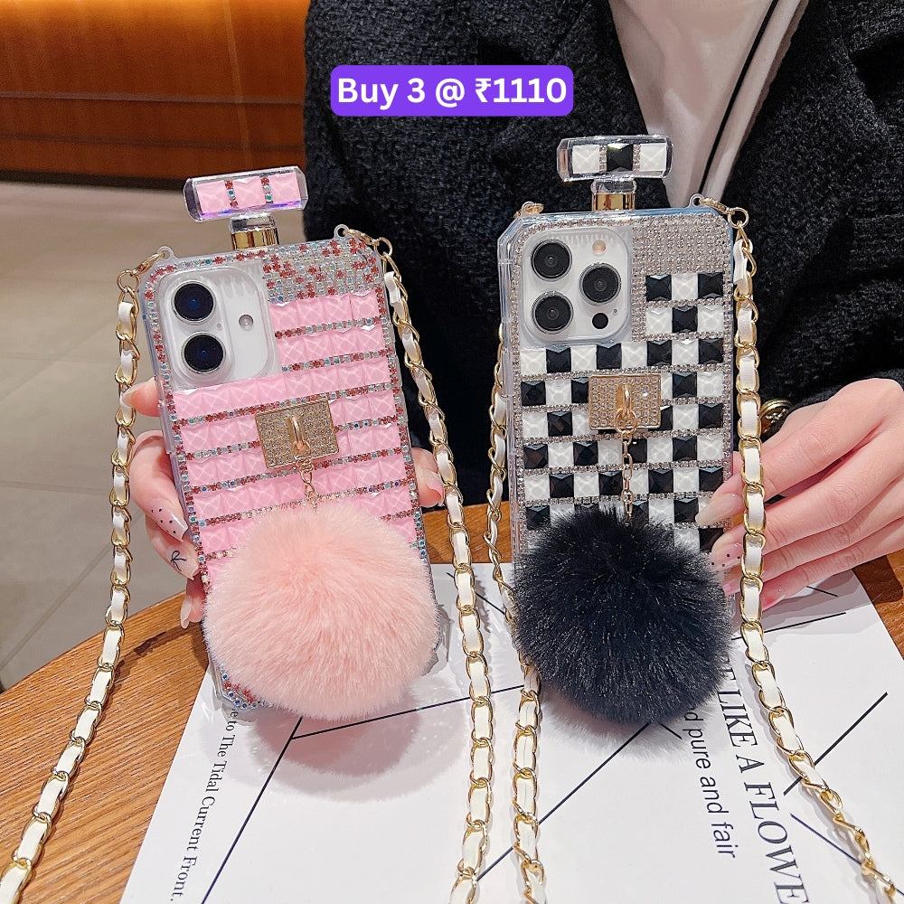 Rehinestone Perfume Bottle Phone Case with Pom Pom Charm and Sling - iPhone 16