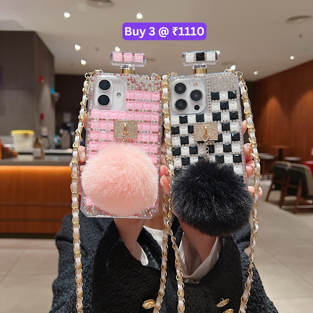 Rehinestone Perfume Bottle Phone Case with Pom Pom Charm and Sling - iPhone 16