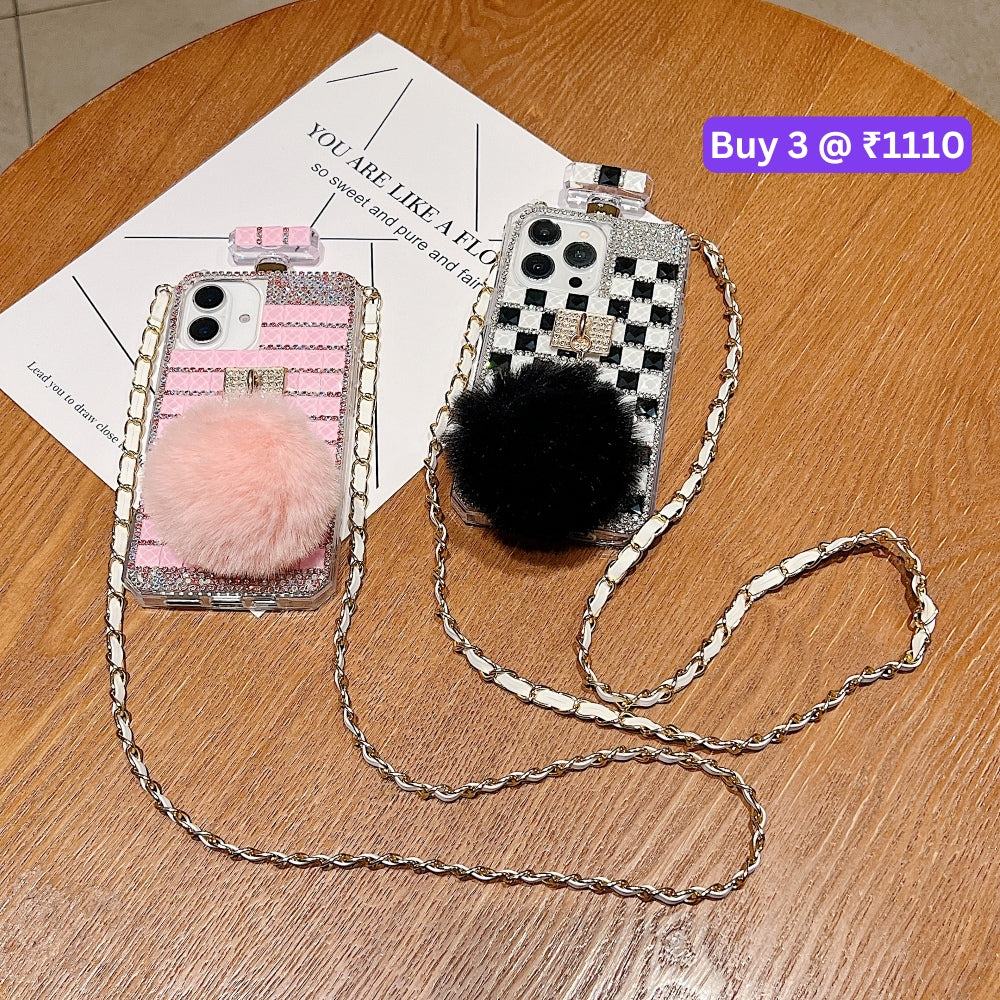 Rehinestone Perfume Bottle Phone Case with Pom Pom Charm and Sling - iPhone 16 Plus