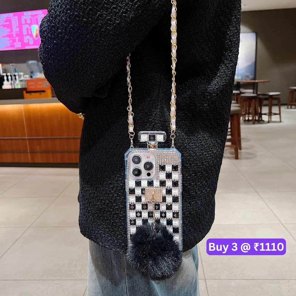 Rehinestone Perfume Bottle Phone Case with Pom Pom Charm and Sling - iPhone 16 Plus