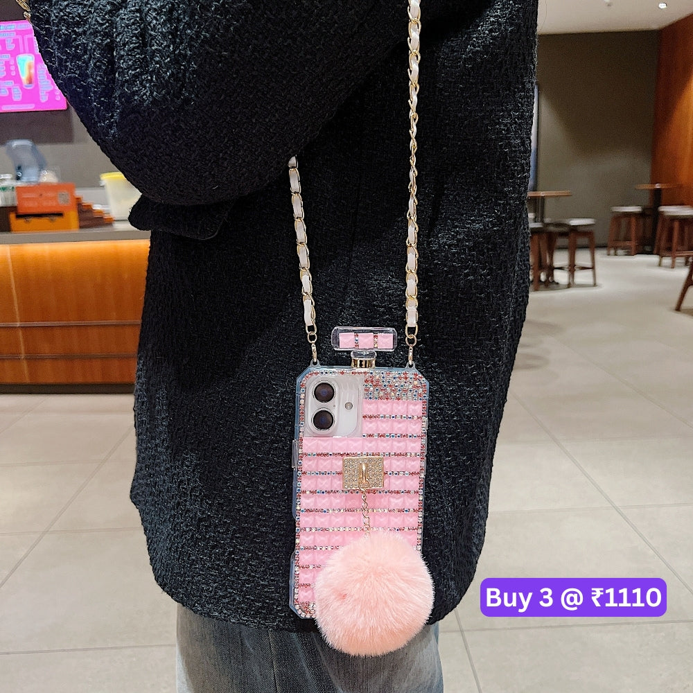 Rehinestone Perfume Bottle Phone Case with Pom Pom Charm and Sling - iPhone 16 Plus