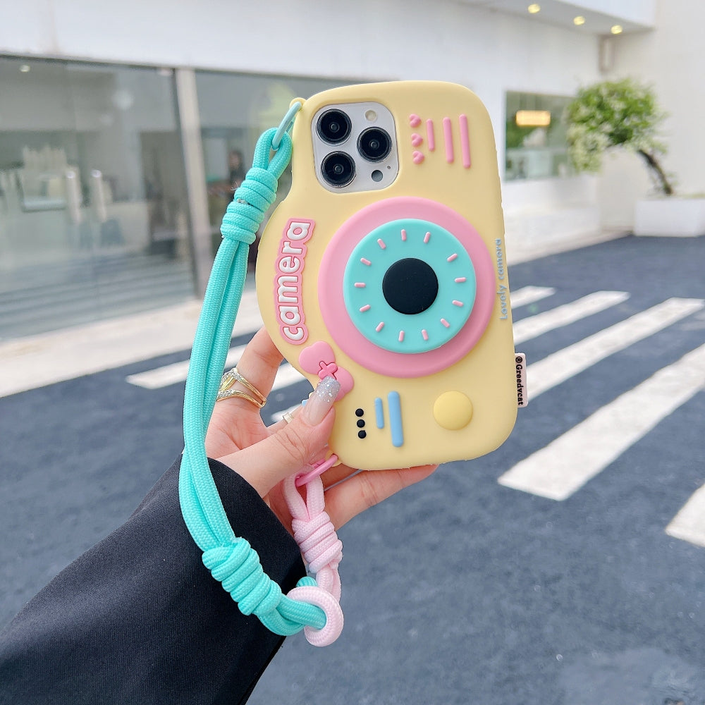 Retro Camera Shape Stand Phone Case With Lanyard Strap - iPhone 15 Pro Max