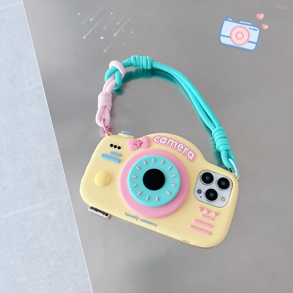 Retro Camera Shape Stand Phone Case With Lanyard Strap - iPhone 15 Pro Max