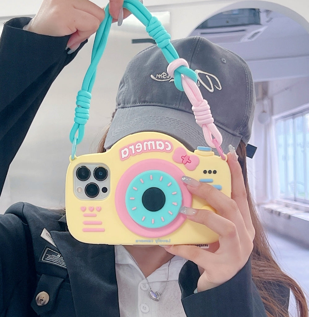 Retro Camera Shape Stand Phone Case With Lanyard Strap - iPhone 15 Pro Max