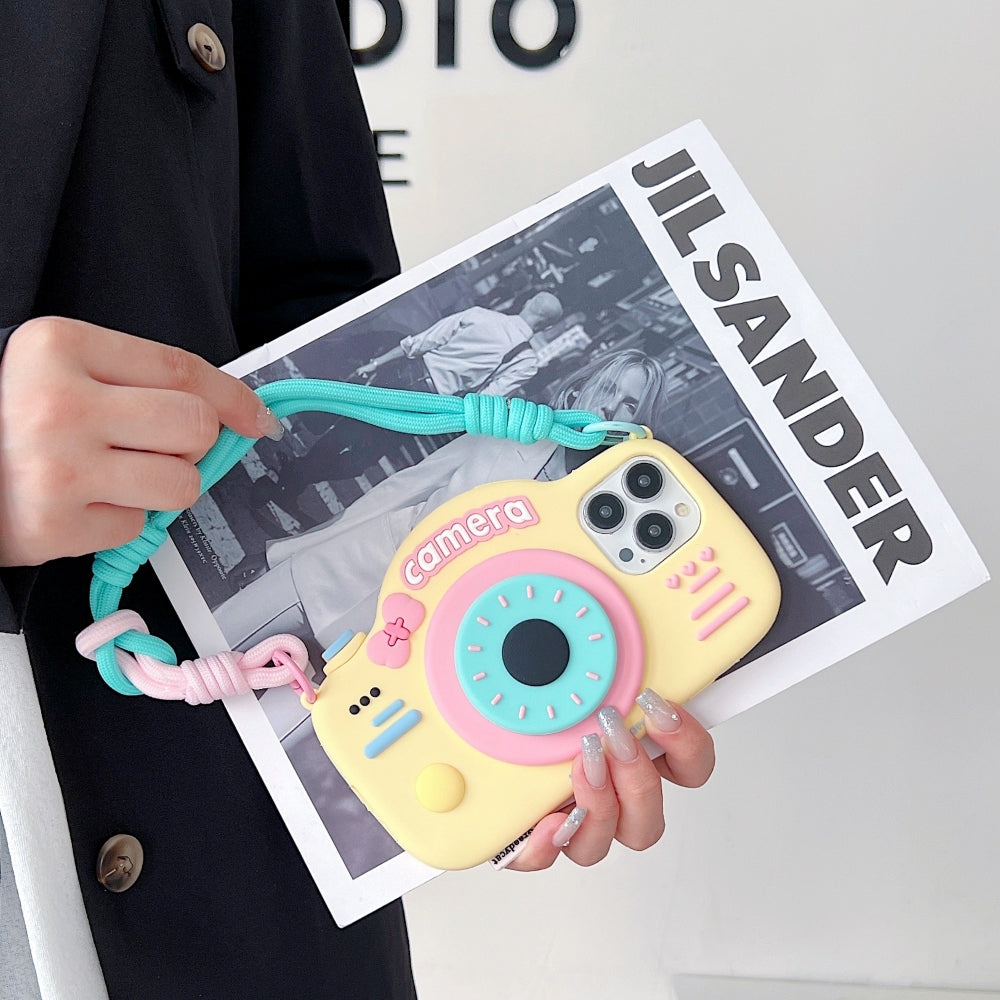 Retro Camera Shape Stand Phone Case With Lanyard Strap - iPhone 15 Pro Max
