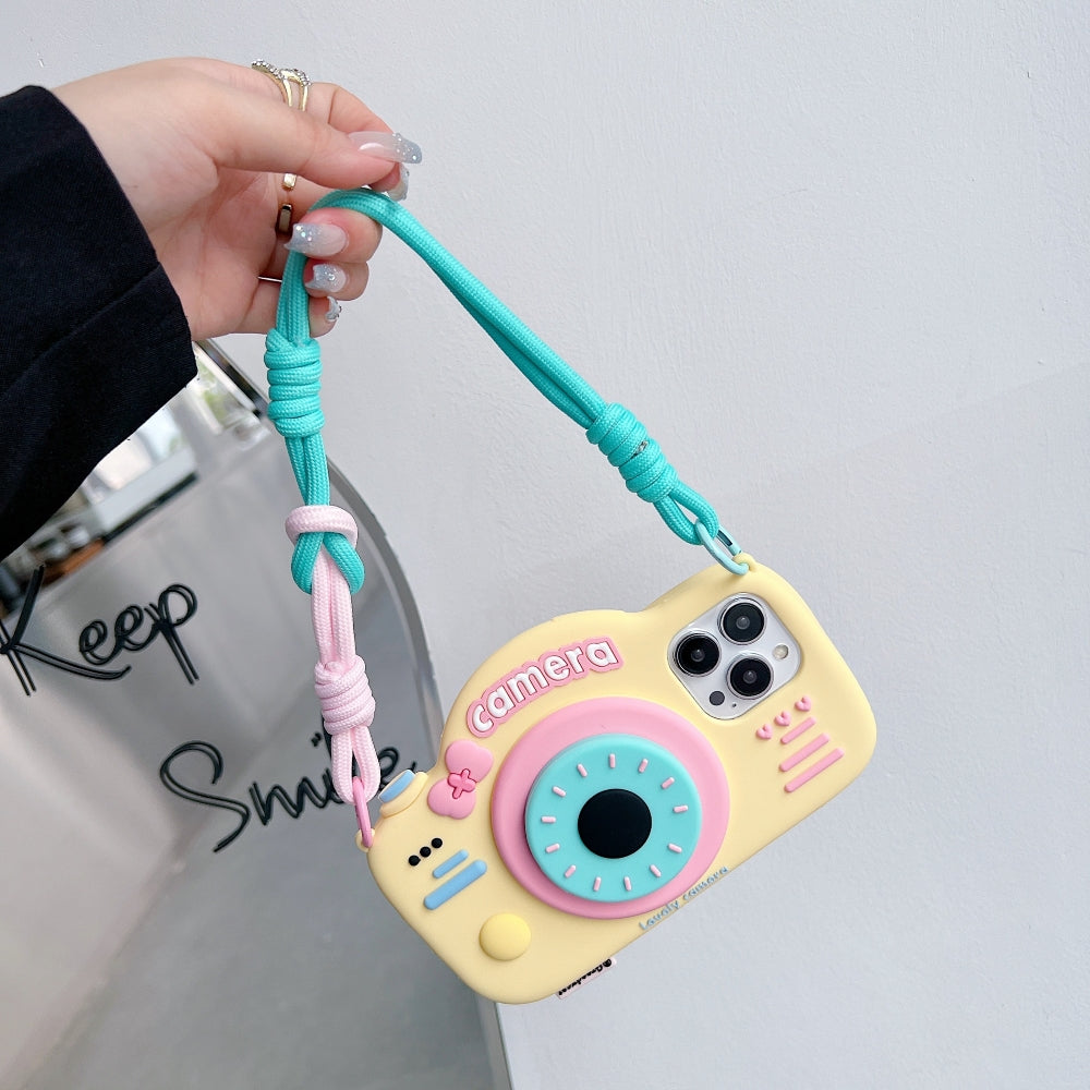 Retro Camera Shape Stand Phone Case With Lanyard Strap - iPhone 15 Pro Max