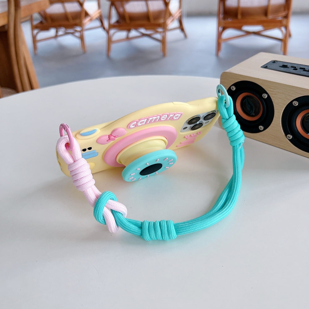 Retro Camera Shape Stand Phone Case With Lanyard Strap - iPhone 15 Pro Max