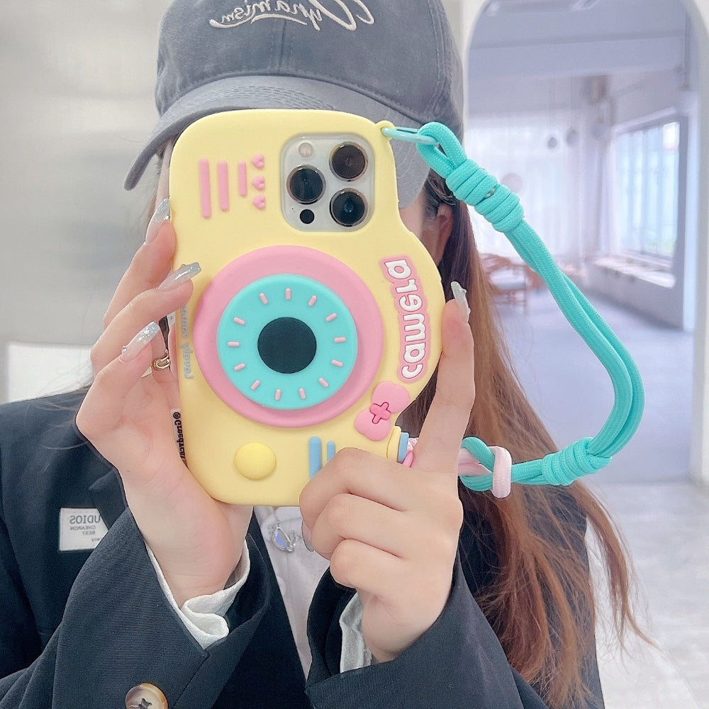 Retro Camera Shape Stand Phone Case With Lanyard Strap - iPhone 15 Pro Max