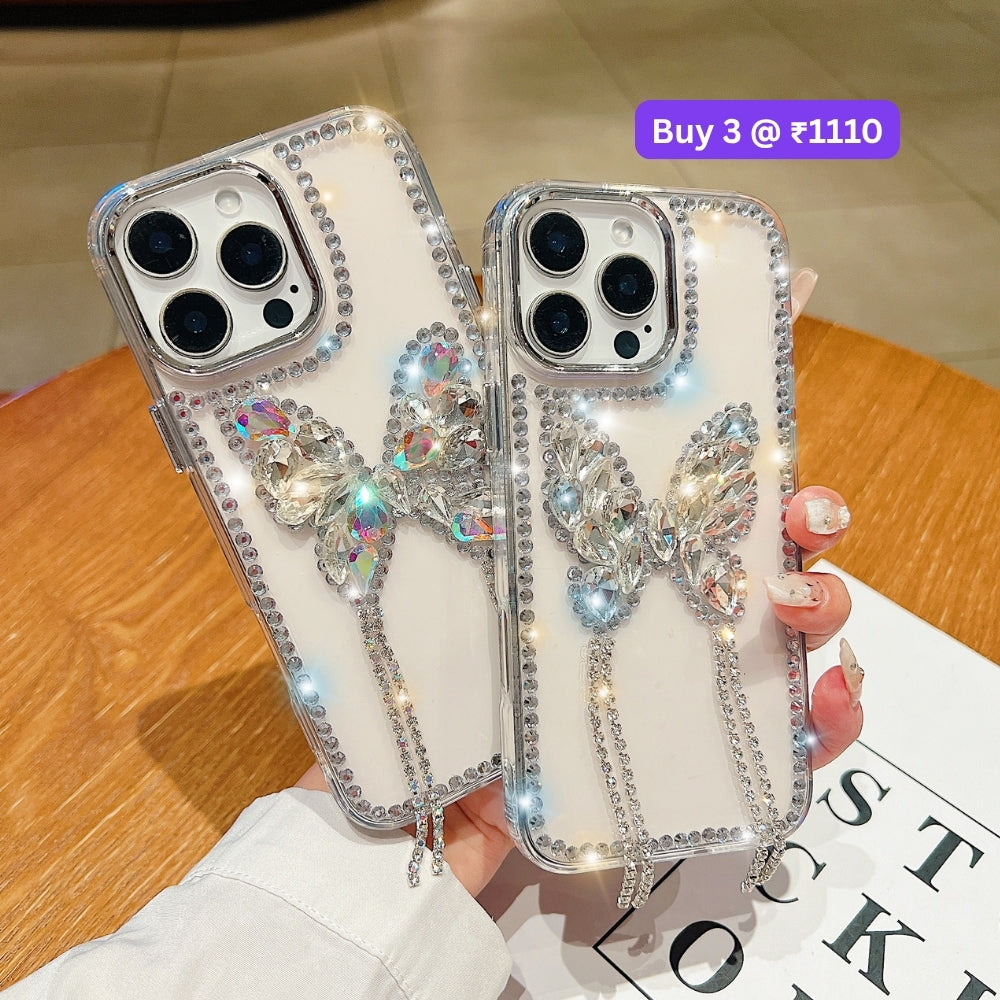 Rhinestone Butterfly Stone Transparent TPU (Soft) Phone Case | Mobile Cover - iPhone 14 Pro