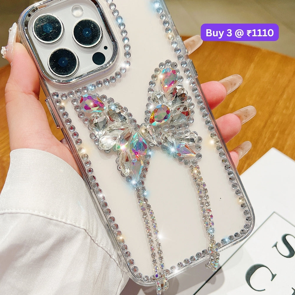 Rhinestone Butterfly Stone Transparent TPU (Soft) Phone Case | Mobile Cover - iPhone 14 Pro