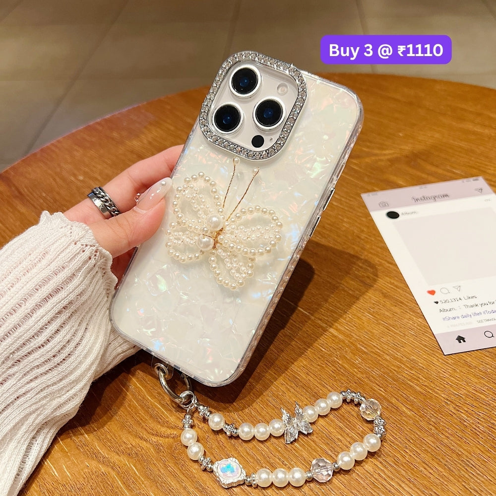 Shining Colorful Clear Pearl Butterfly Phone Case | Mobile Case with Bracelet - iPhone 16 Plus
