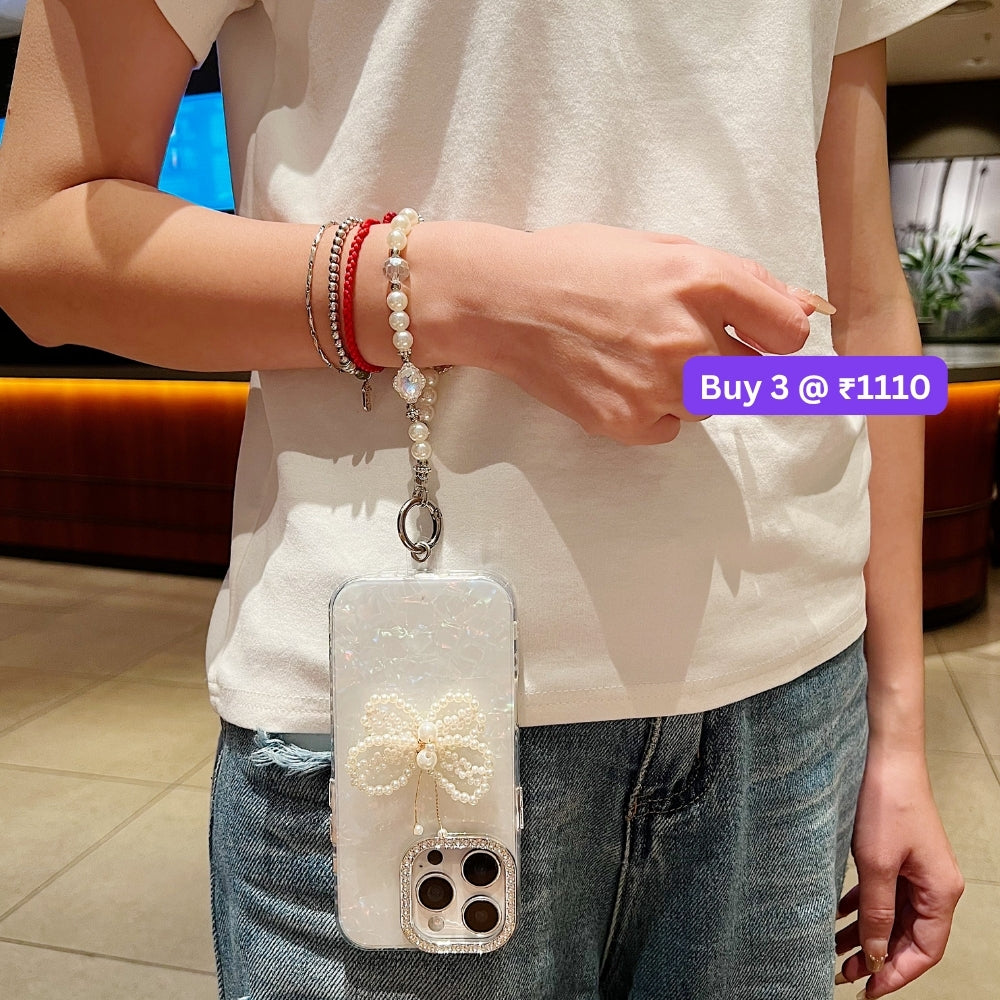 Shining Colorful Clear Pearl Butterfly Phone Case | Mobile Case with Bracelet - iPhone 16 Plus