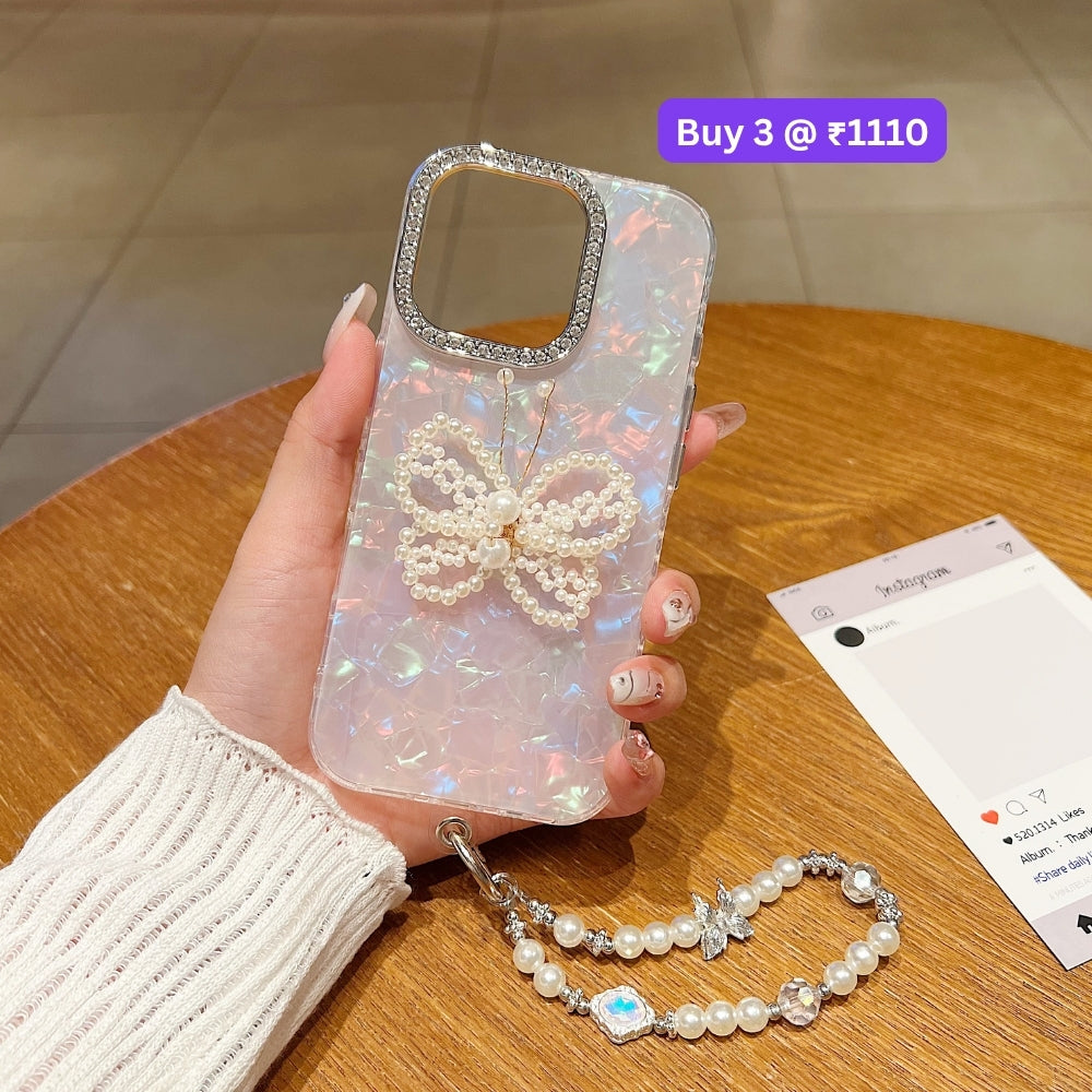 Shining Colorful Clear Pearl Butterfly Phone Case | Mobile Case with Bracelet - iPhone 16 Plus