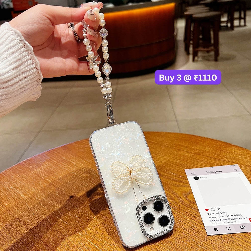 Shining Colorful Clear Pearl Butterfly Phone Case | Mobile Case with Bracelet - iPhone 16 Plus