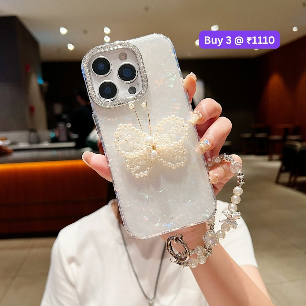 Shining Colorful Clear Pearl Butterfly Phone Case | Mobile Case with Bracelet - iPhone 16 Plus