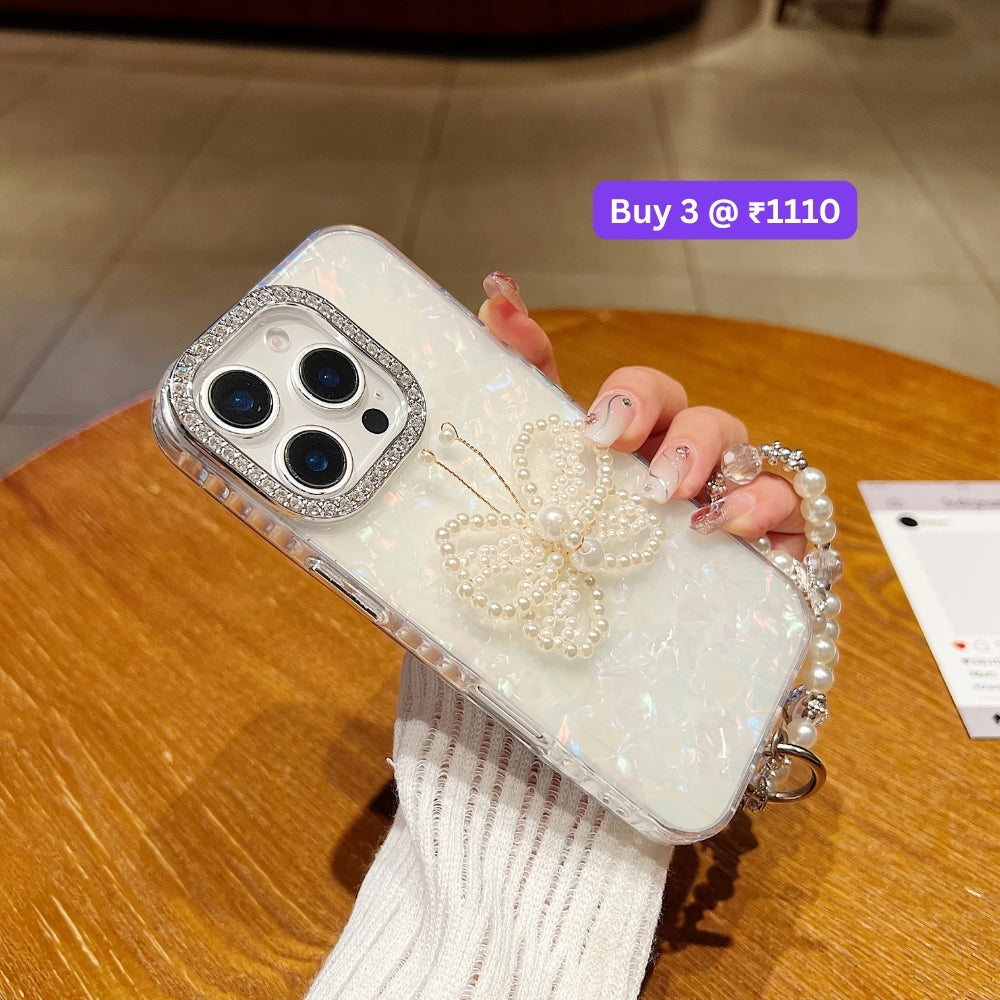 Shining Colorful Clear Pearl Butterfly Phone Case | Mobile Case with Bracelet - iPhone 16 Plus
