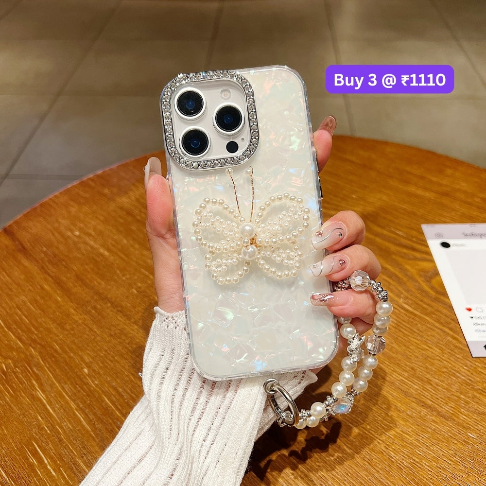 Shining Colorful Clear Pearl Butterfly Phone Case | Mobile Case with Bracelet - iPhone 16 Plus