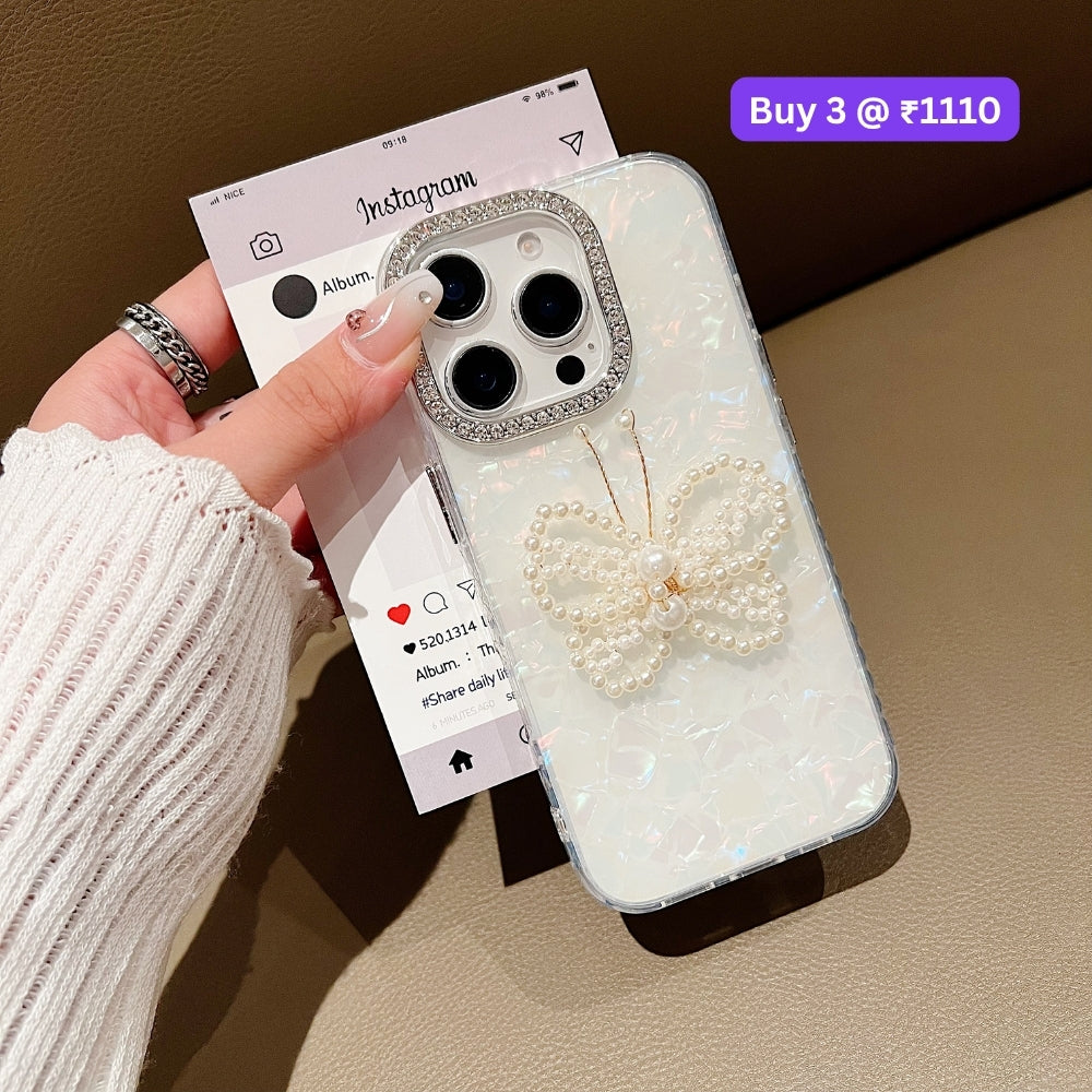 Shining Colorful Clear Pearl Butterfly Phone Case | Mobile Case with Bracelet - iPhone 16 Plus