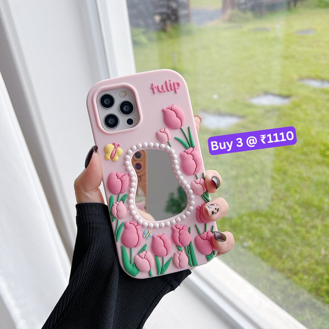 Silicone Tulip Embossed Pearl Mirror Phone Case - iPhone 15 Pro Max