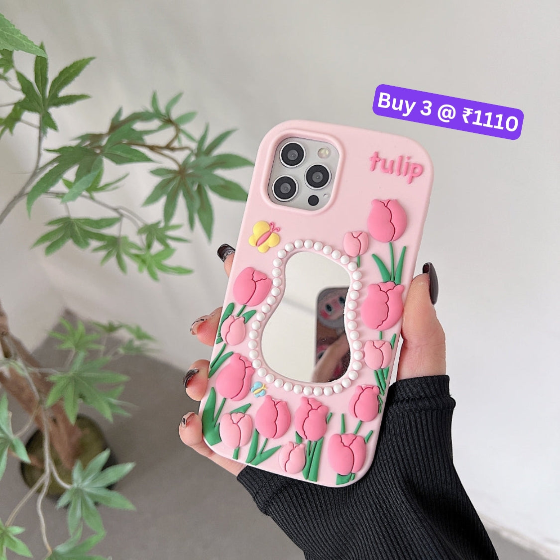 Silicone Tulip Embossed Pearl Mirror Phone Case - iPhone 15 Pro Max
