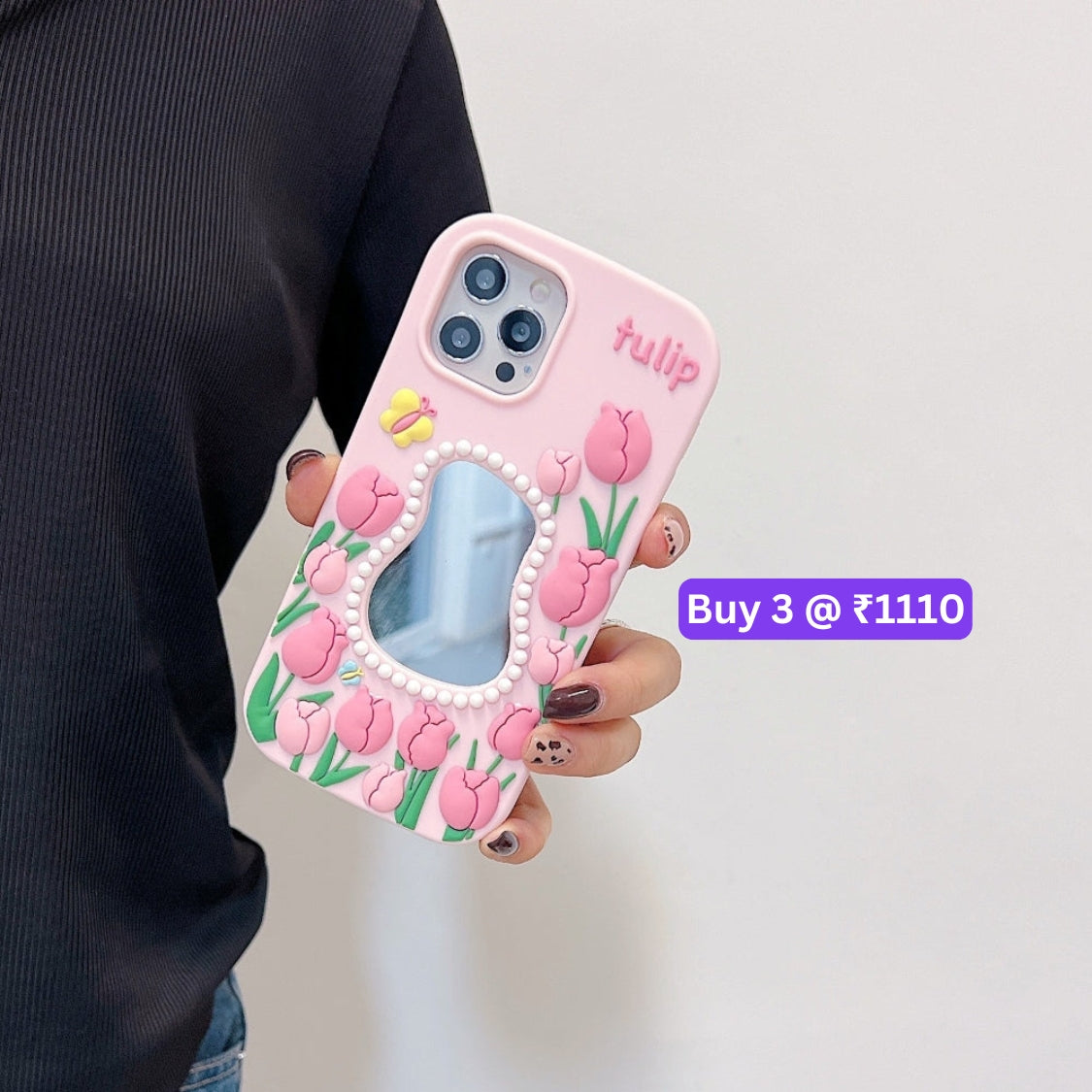 Silicone Tulip Embossed Pearl Mirror Phone Case - iPhone 15 Pro Max