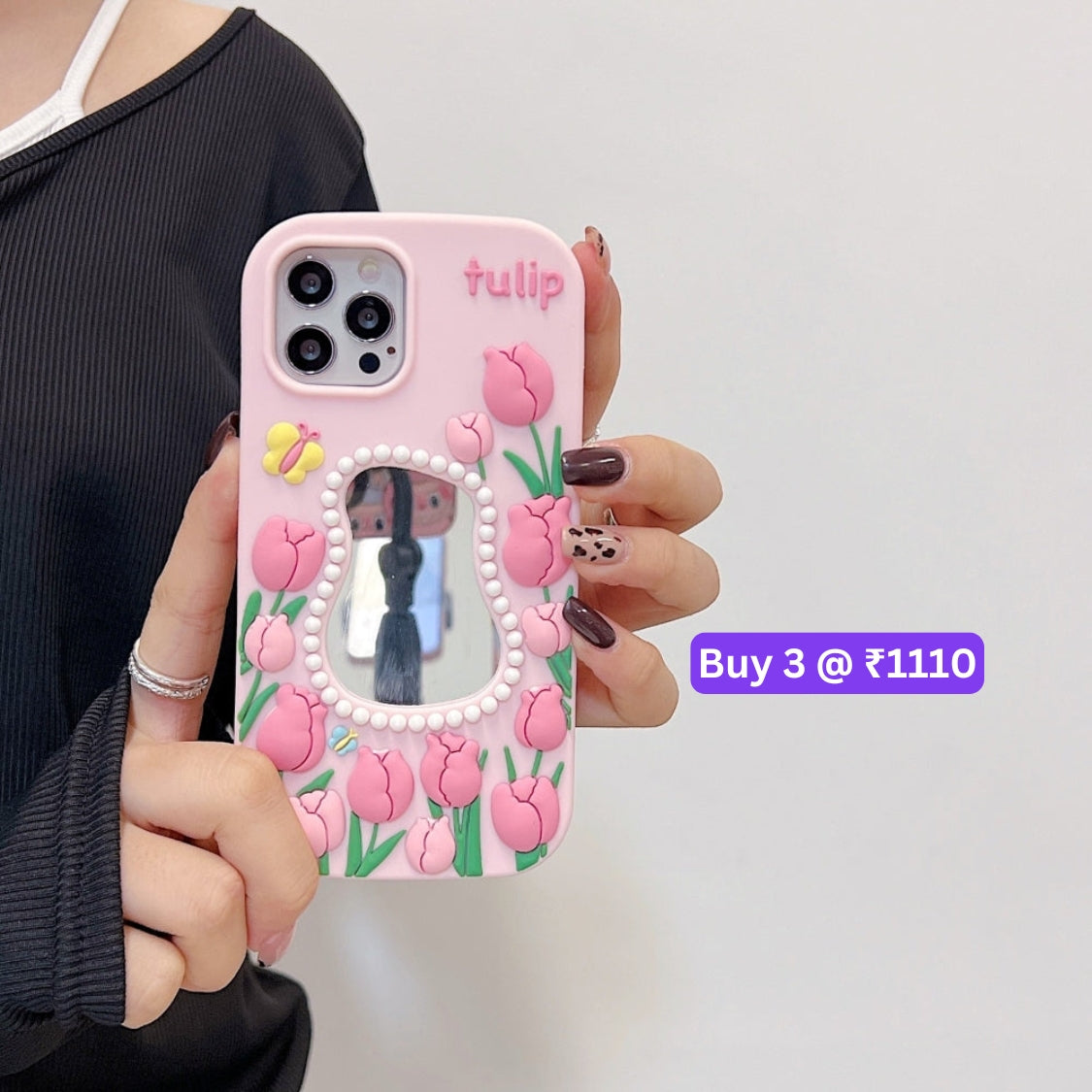 Silicone Tulip Embossed Pearl Mirror Phone Case - iPhone 15 Pro Max