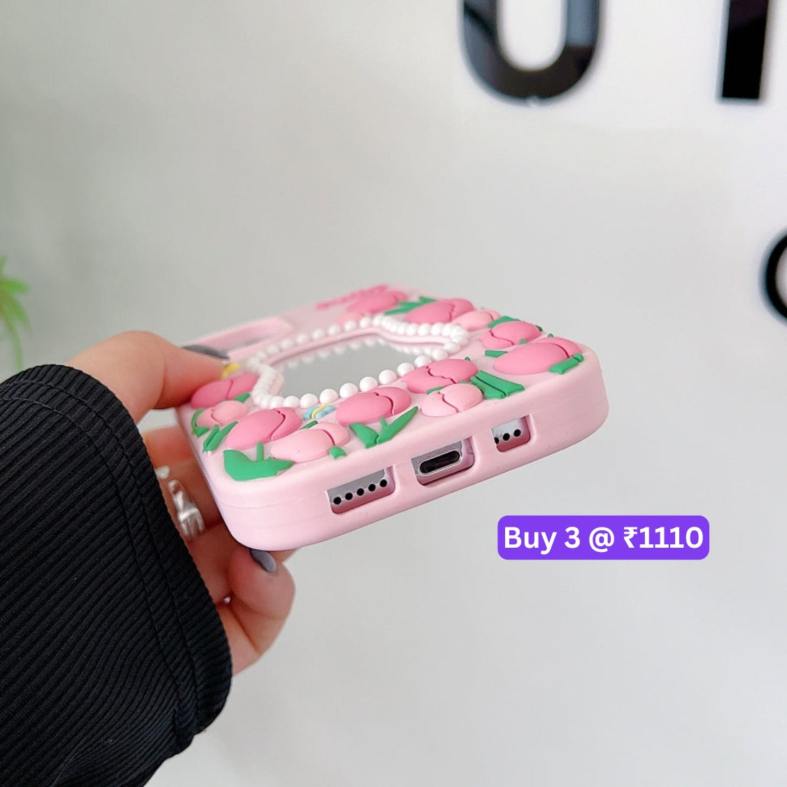 Silicone Tulip Embossed Pearl Mirror Phone Case - iPhone 15 Pro Max