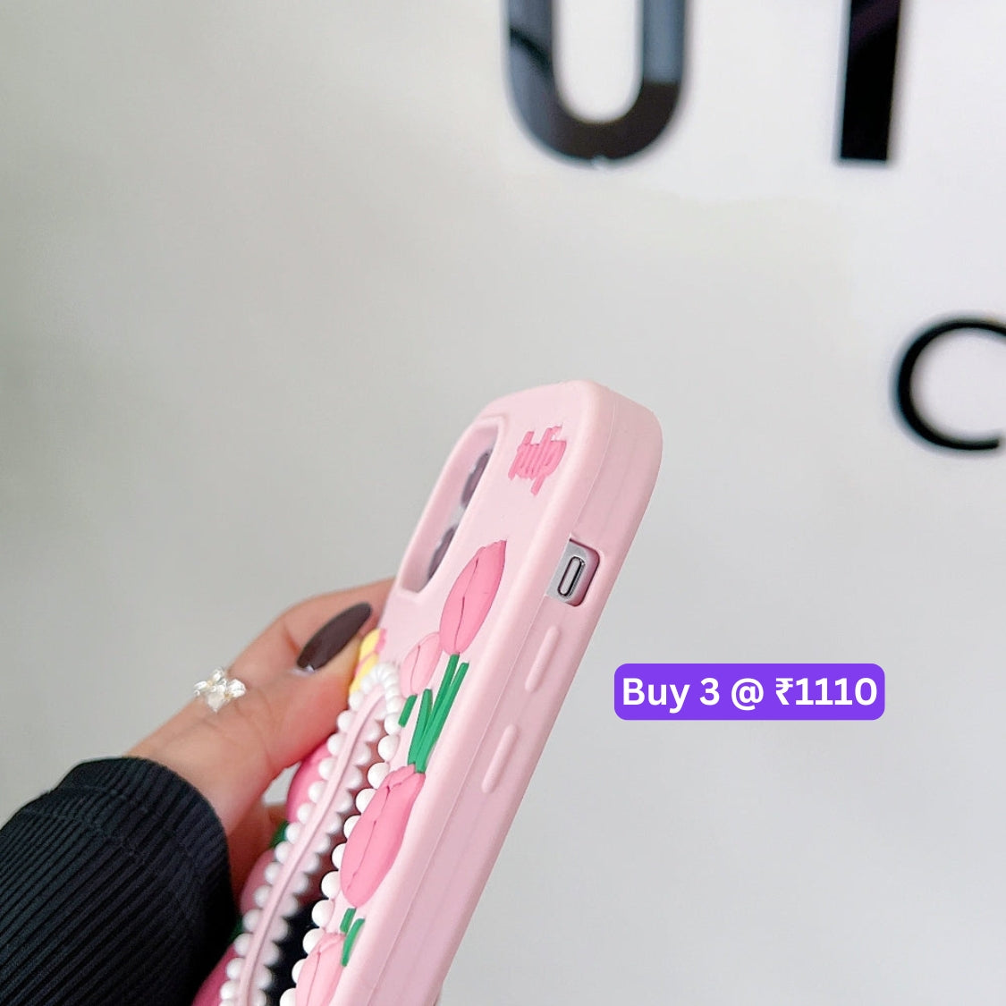 Silicone Tulip Embossed Pearl Mirror Phone Case - iPhone 15 Pro Max