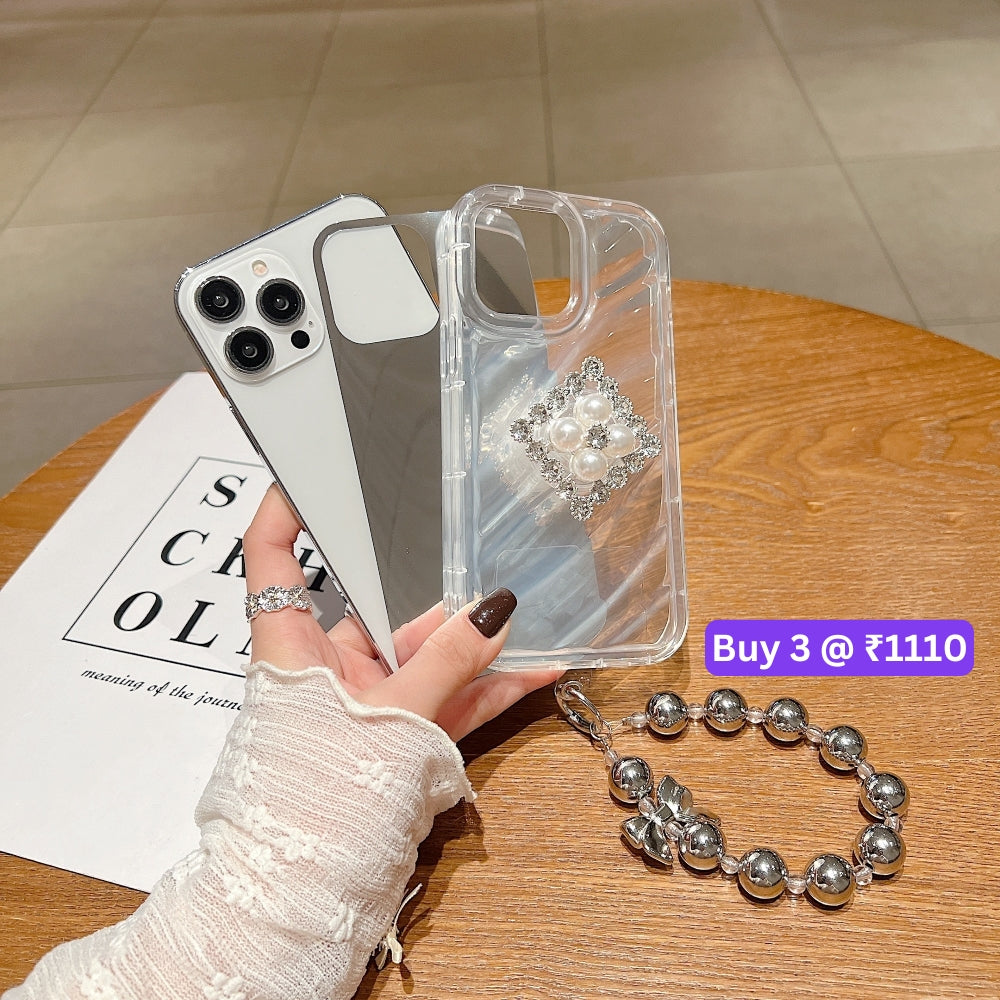 Silver Wrinkles Transparent Phone Case With Beads Bracelet And Pearl Holder - iPhone 14 Pro