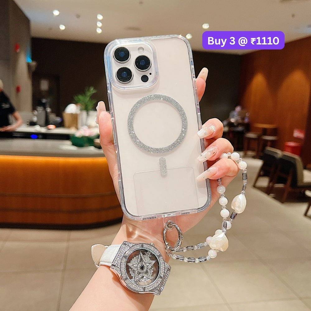 Solid Color Glitter Magsafe Transparent Phone Case | Mobile Cover with Random Bracelet - iPhone 14 Pro Max