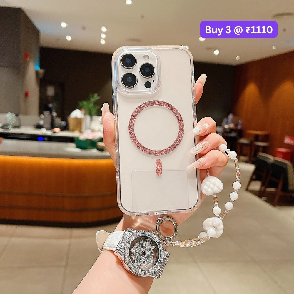 Solid Color Glitter Magsafe Transparent Phone Case | Mobile Cover with Random Bracelet - iPhone 14 Pro Max