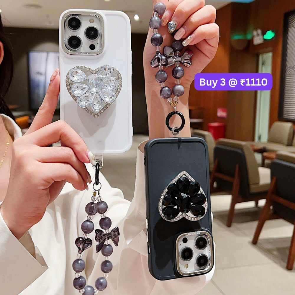 Stone Heart Shape Stand Silicone Soft Phone Cover with Bracelet - Samsung S21FE