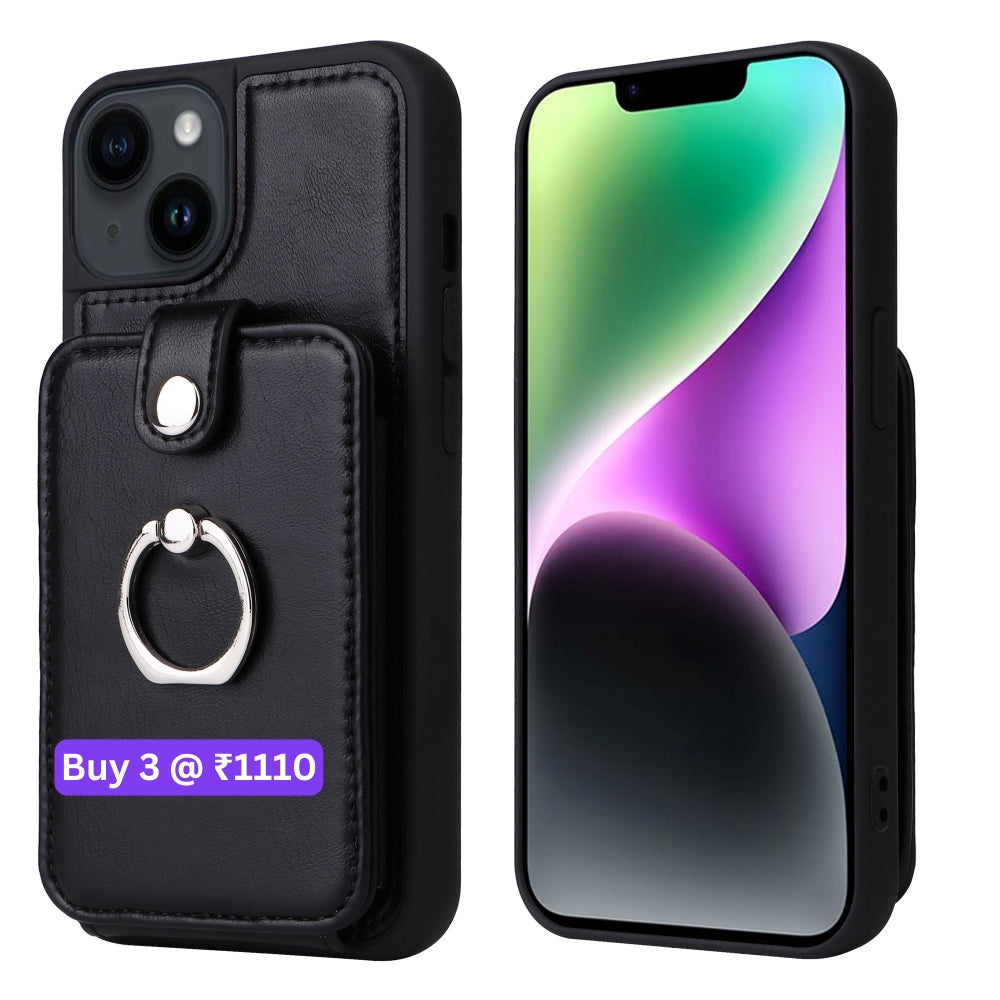 Vintage Pouch PU Leather Phone Case with 360 Degree Ring Holder Stand - iPhone 11