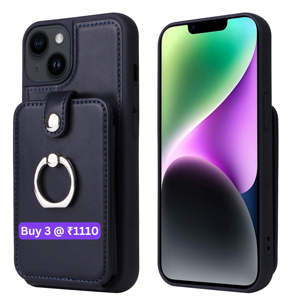 Vintage Pouch PU Leather Phone Case with 360 Degree Ring Holder Stand - iPhone 11