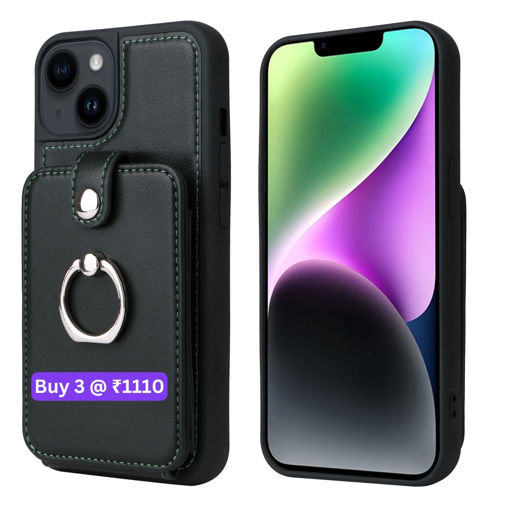 Vintage Pouch PU Leather Phone Case with 360 Degree Ring Holder Stand - iPhone 11