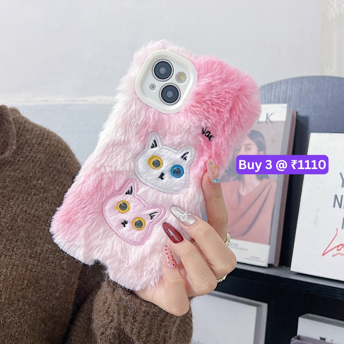 Warm Fluffy Furry Cat Embroided Camera Protection Phone Case - iPhone 15 Pro Max