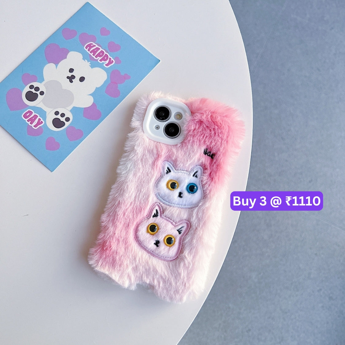 Warm Fluffy Furry Cat Embroided Camera Protection Phone Case - iPhone 15 Pro