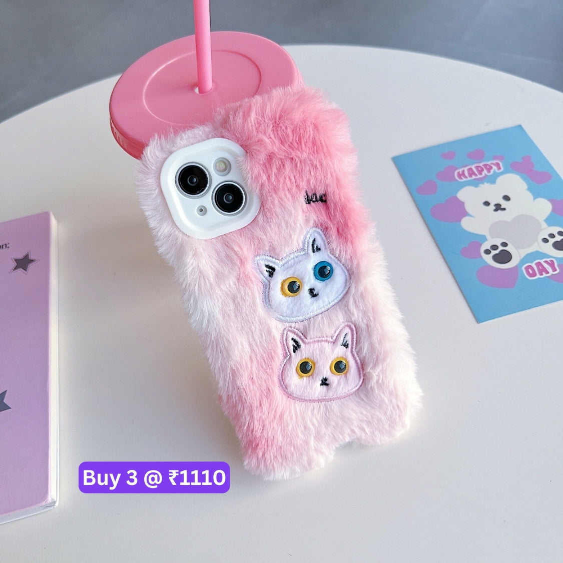 Warm Fluffy Furry Cat Embroided Camera Protection Phone Case - iPhone 16 Plus