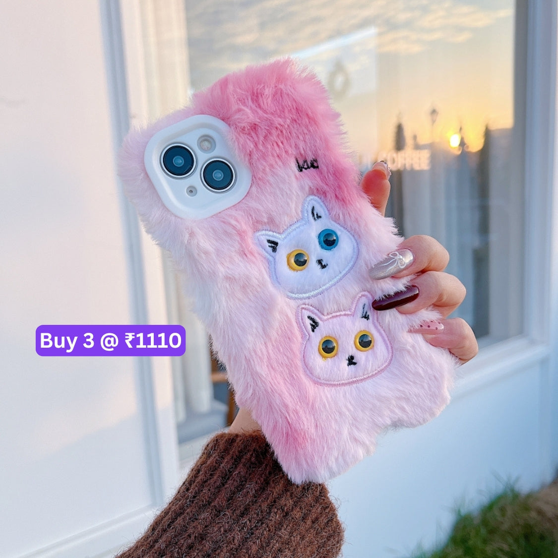Warm Fluffy Furry Cat Embroided Camera Protection Phone Case - iPhone 15 Pro Max